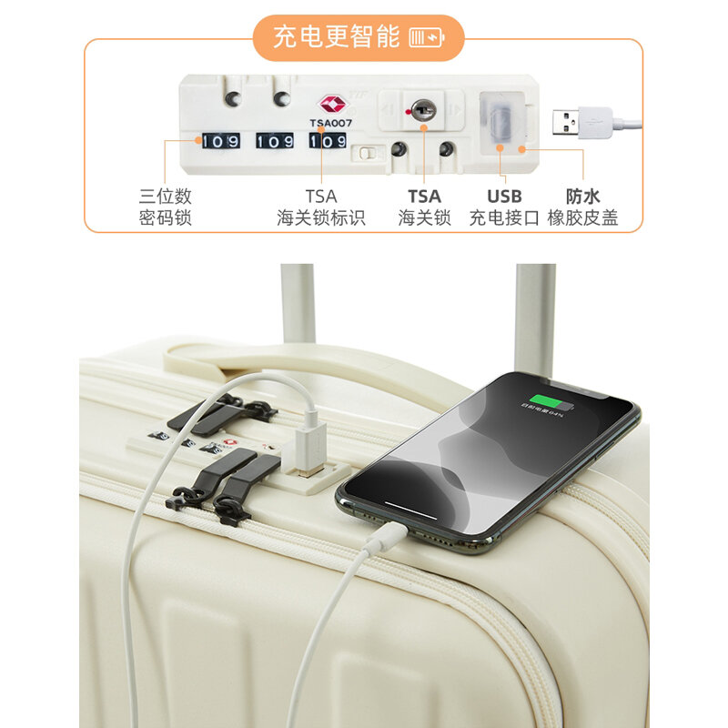 Multifunktions-Koffer mit Front öffnung auf Rädern 20-Zoll-Business-USB-Ladegepäck Licht Passwort-Trolley-Koffer