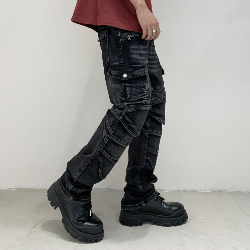 Jeans sepeda motor pria, celana panjang lurus Slim-Fit desain jahitan multi-saku batu tampan jalanan
