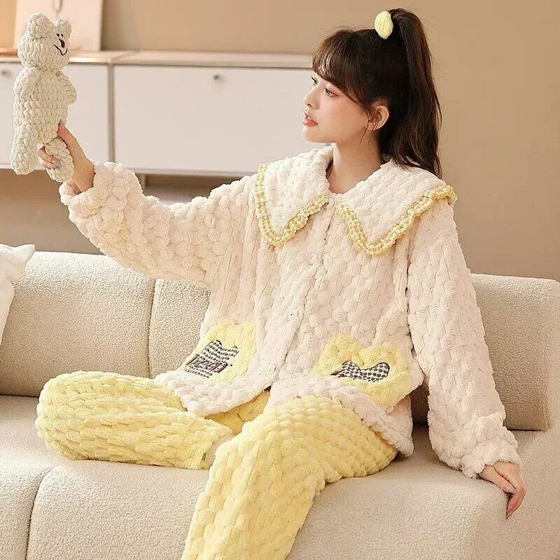 Новая осенняя одежда для сна 2023, свободный костюм, повседневная женская зимняя утепленная модная пижама из двух частей, домашняя фланелевая теплая одежда