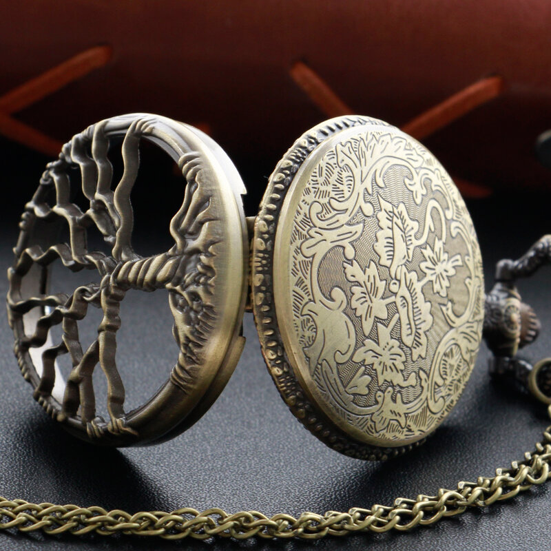 Reloj de bolsillo de cuarzo antiguo hueco en relieve Árbol de la vida, accesorios colgantes de cadena Fob Vintage de bronce, el mejor regalo para hombres