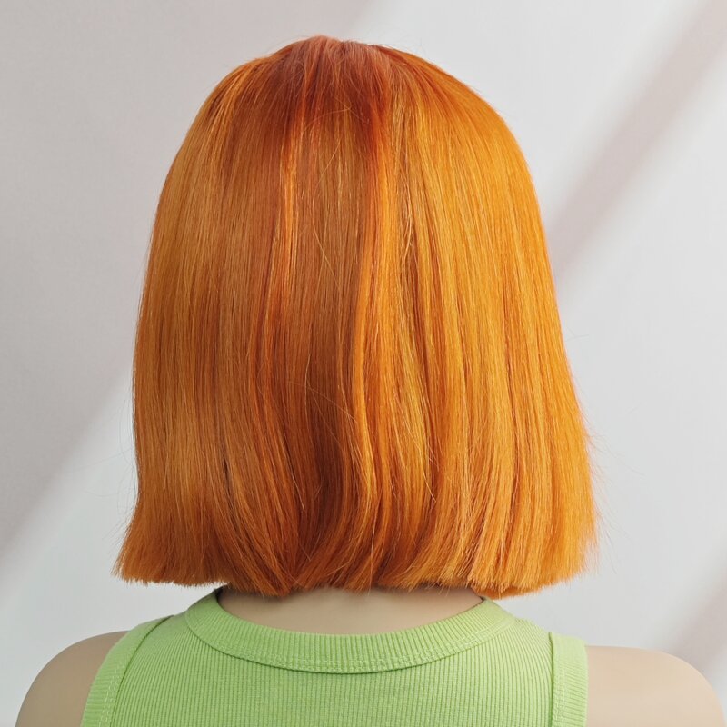 Peluca de cabello humano liso, postizo de encaje corto y liso, corte Bob, color naranja jengibre, 180% de densidad, brasileño, 2x6, predesplumada