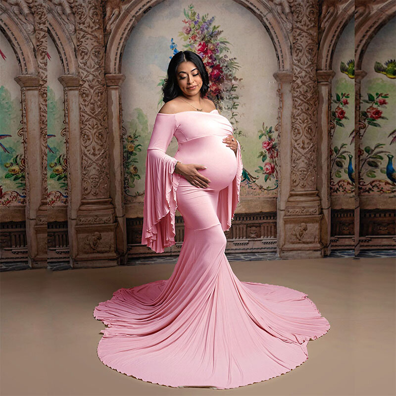 Obcisła sukienka kobiety w ciąży z odkrytymi ramionami marszczony rękaw szata Baby Shower zdjęcie ciążowe zdjęcia Maxi długie sukienki