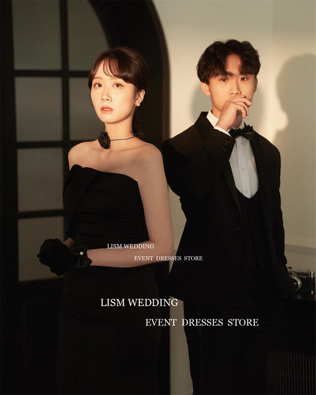 LISM gaun malam hitam Korea leher perahu, gaun pesta Backless bahan Satin lembut sederhana untuk foto pernikahan