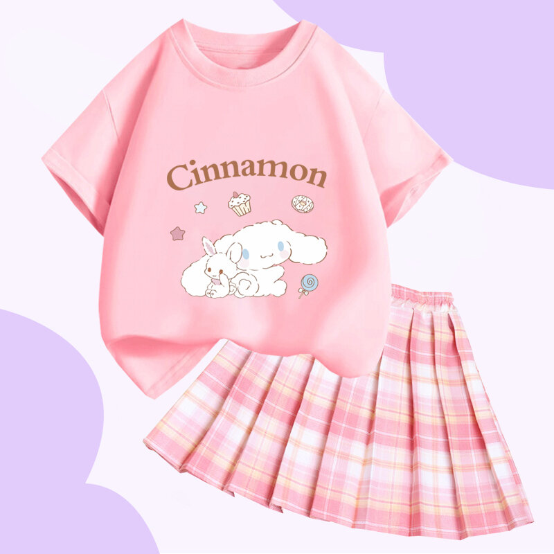 Sanrio Cinnamoroll Girls College Style T-Shirt Short Skirt Set Sanrio Kuromi My Melody Summer Girls Tops Pleated Skirt Set Gift