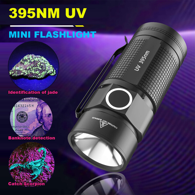 Mini UV 395NM LED CLIP EDC Flashlight 3Mode 395nm Mini LED Light Flashlight Detector for Pets Urine and Stains