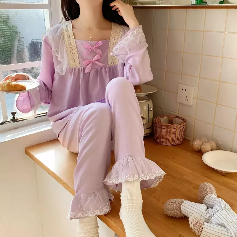 Conjunto de pijama de duas peças para mulheres, roupa de manga comprida, roupa de casa solta para senhoras, cor monocromática, sono casual, tamanho grande