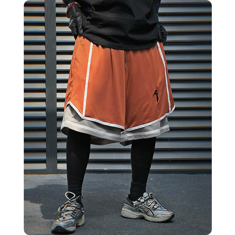 Unisex malha americana esportes basquete shorts, falso dois capris casual, sobre o joelho calça média, roupas masculinas, harajuku, verão