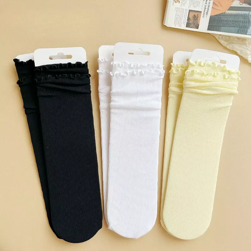 10 пар тонких ледяных шелковых женских чулок, летние крутые черно-белые ледяные носки, женские носки с деревянными ушками