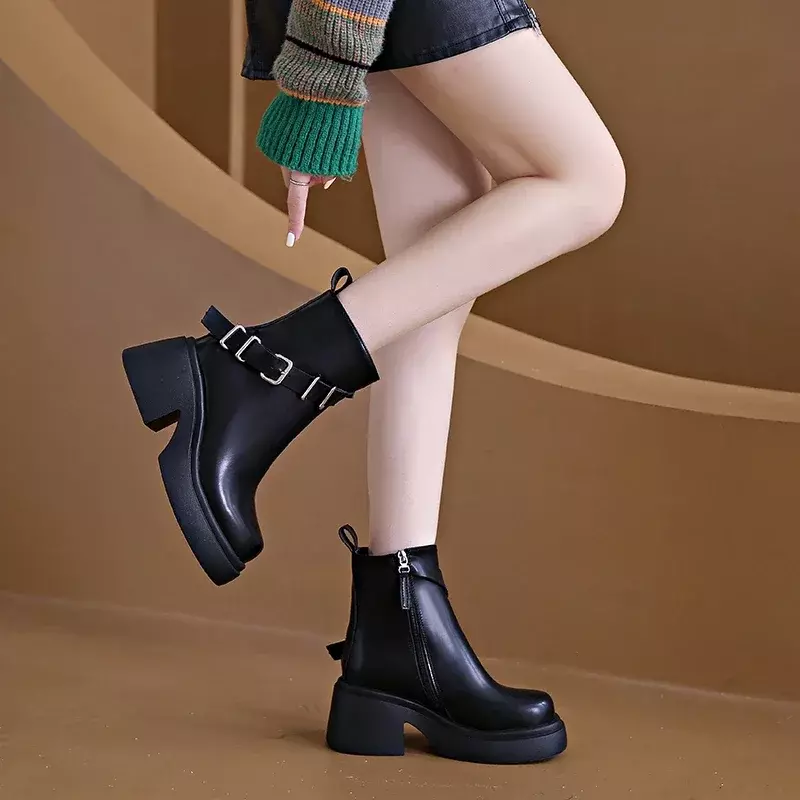 أحذية الكاحل مع مشبك حزام للنساء ، اصبع القدم مربع ، الجانب البريدي ، منصة كعب مربع ، أحذية السيدات ، الاتجاه الحديث ، 2023