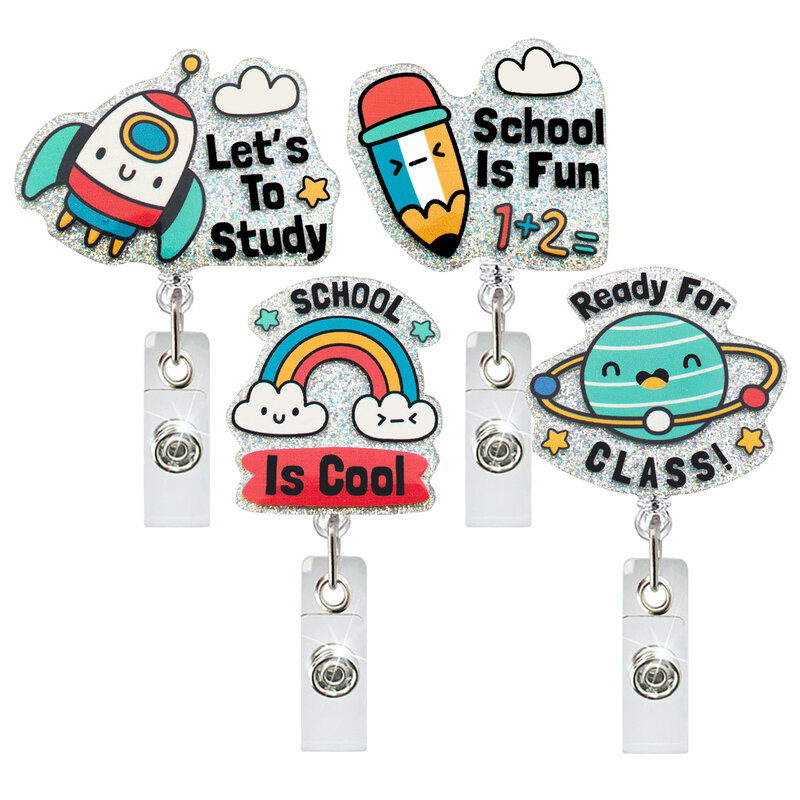 JESJELIU Rainbow Rocket Planet Pencil porta Badge in acrilico insegnanti studenti retrattile ID Badge Reel Clip regali per la giornata degli insegnanti