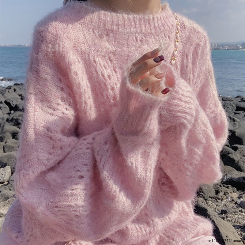 Sweter damski sweter z dziurami na wiosnę odzież wierzchnia luźny leniwy styl sweter ze słodkim cienka dzianina jesień