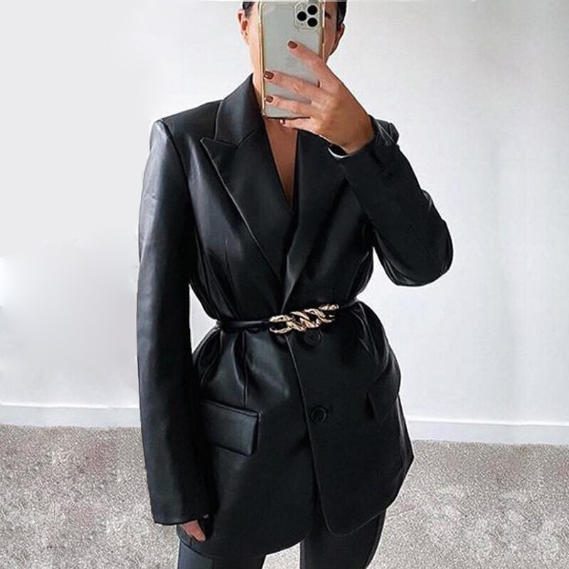 Fashion Faux Leather Blazer Black Single Breasted Leatherette Long Outwear Fall Jacket for Women 2022 Autumn Winter Clothes Coat