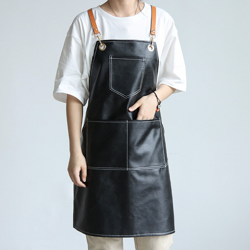 PU Leather Waterproof Barber Special Master Apron For Kitchen Cafe Shop House Cleaning Chef Apron Cooking Baking Pocket Pinafore