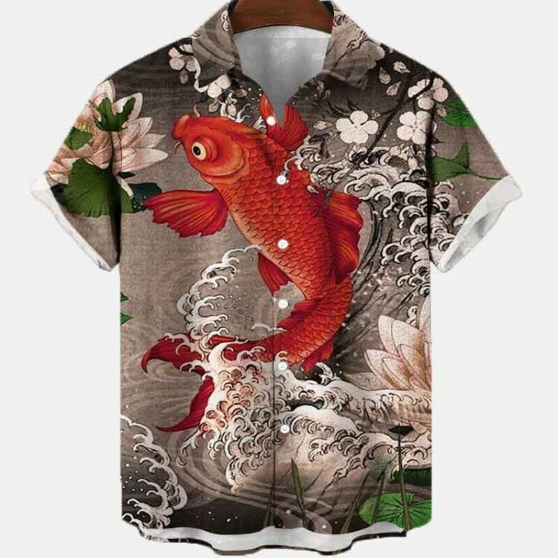 Мужская винтажная рубашка с коротким рукавом, летняя повседневная гавайская рубашка с 3D цветами, уличная Роскошная уличная рубашка для карпа, новинка 2023