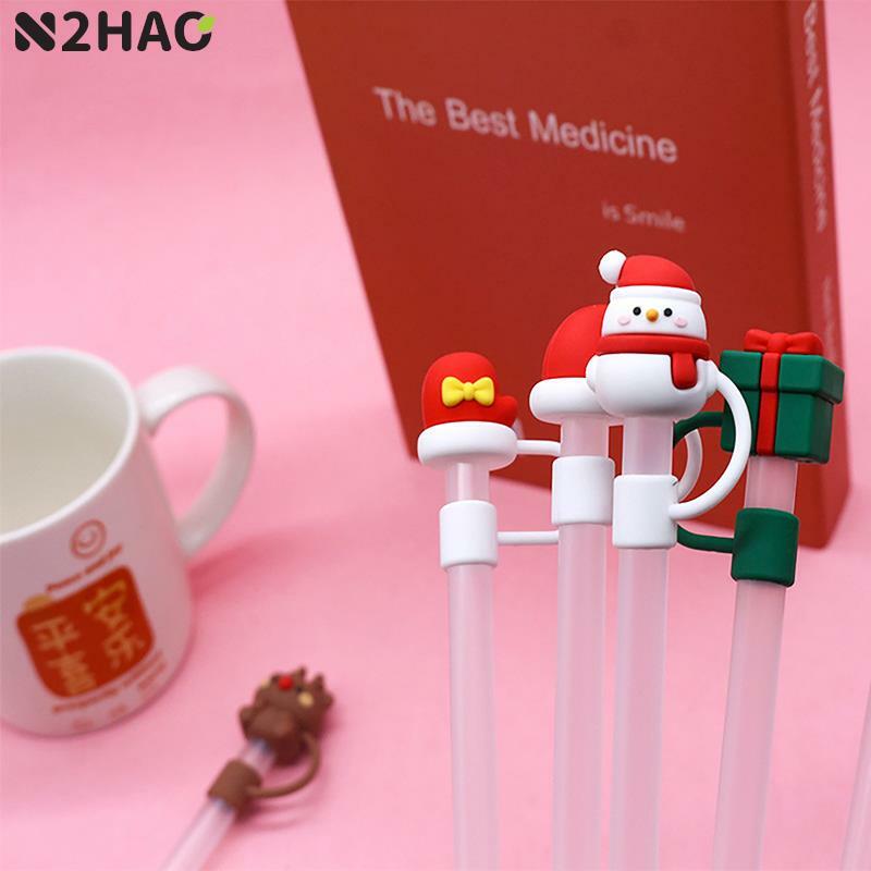 Christmas Straw Cover Silicone Tips Drinking Dust Cap Santa Snowman Yeti Straw Stopper Reusable Christmas Party Straw Decoration