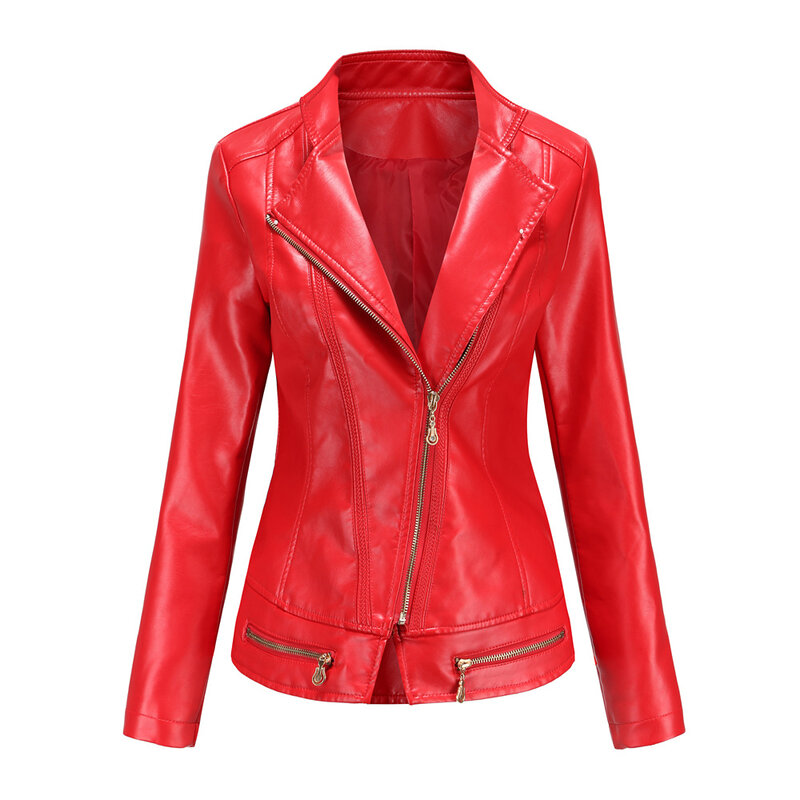 2024 Women's Spring Fashion PU Leather Casual Motorcycle Stand Collar Oblique Zipper Leather Coat