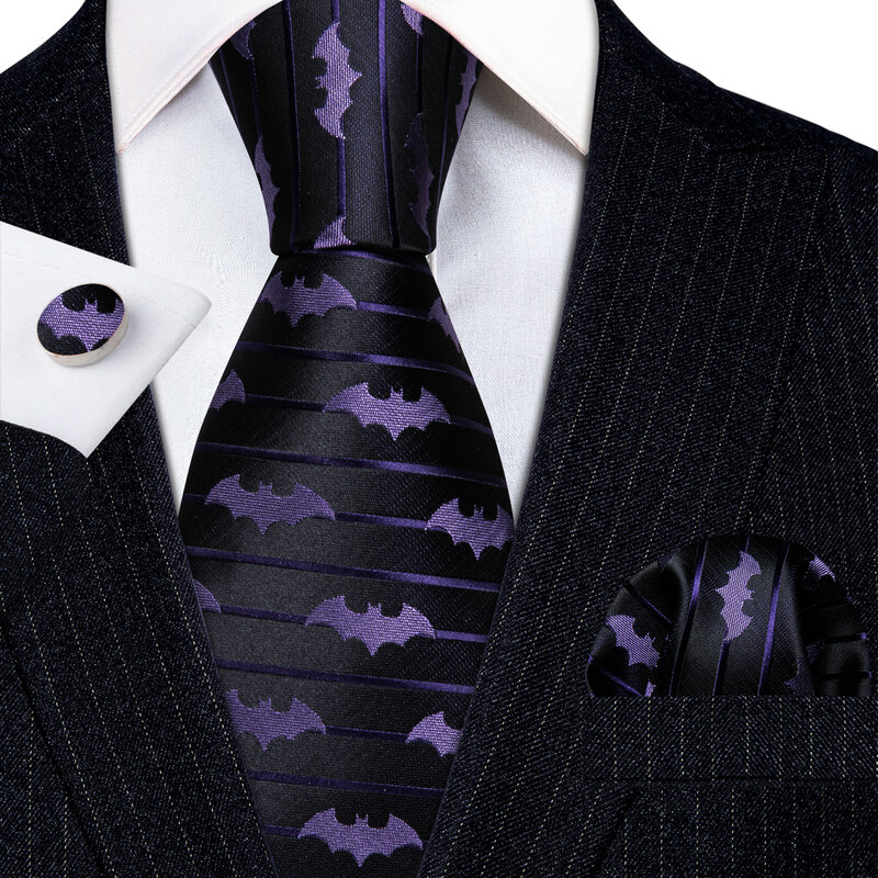 Barry.Wang Purple Silk Bat Tie For Men Novelty Animal Black Stripe Ncektie Pocket Square Cufflinks Set Wedding Party FA-6210
