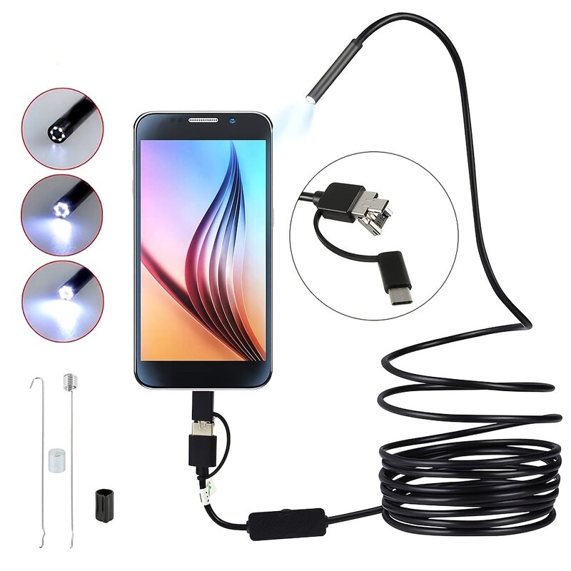 Waterproof, Long Wire USB/Type-C Endoscope with Built-In Light - Touch-Controlled Inspection Camera for Multi-Device Use