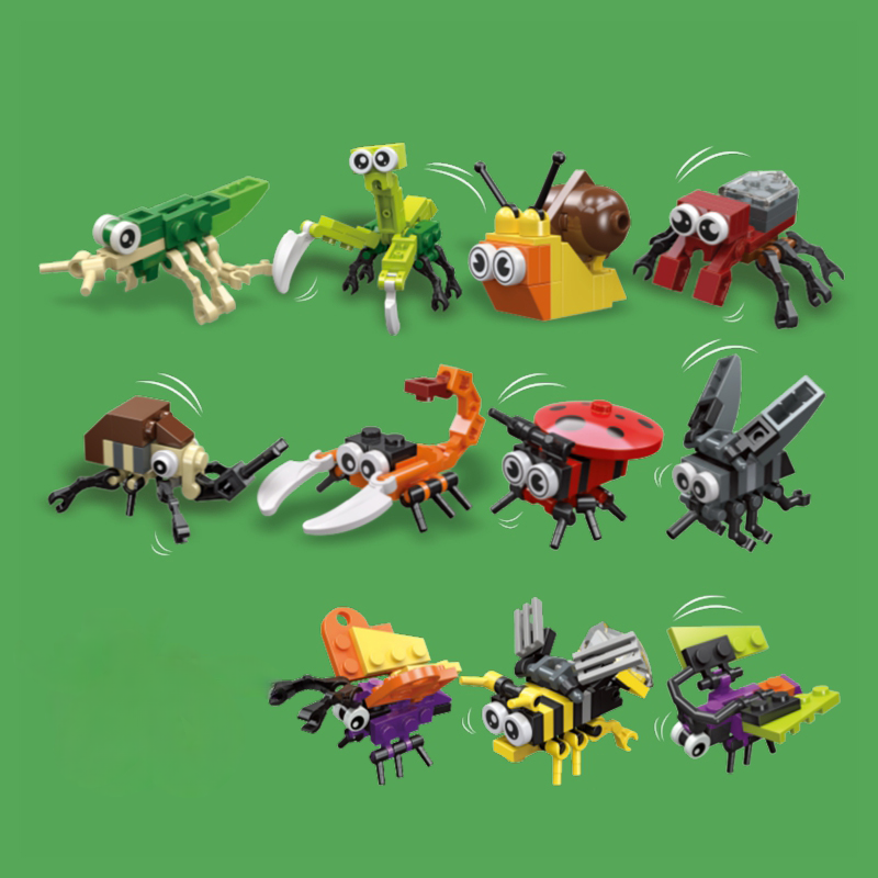 Mainan blok bangunan serangga, properti prasekolah hewan realistis, mainan edukasi balok Puzzle rakitan untuk hadiah anak-anak