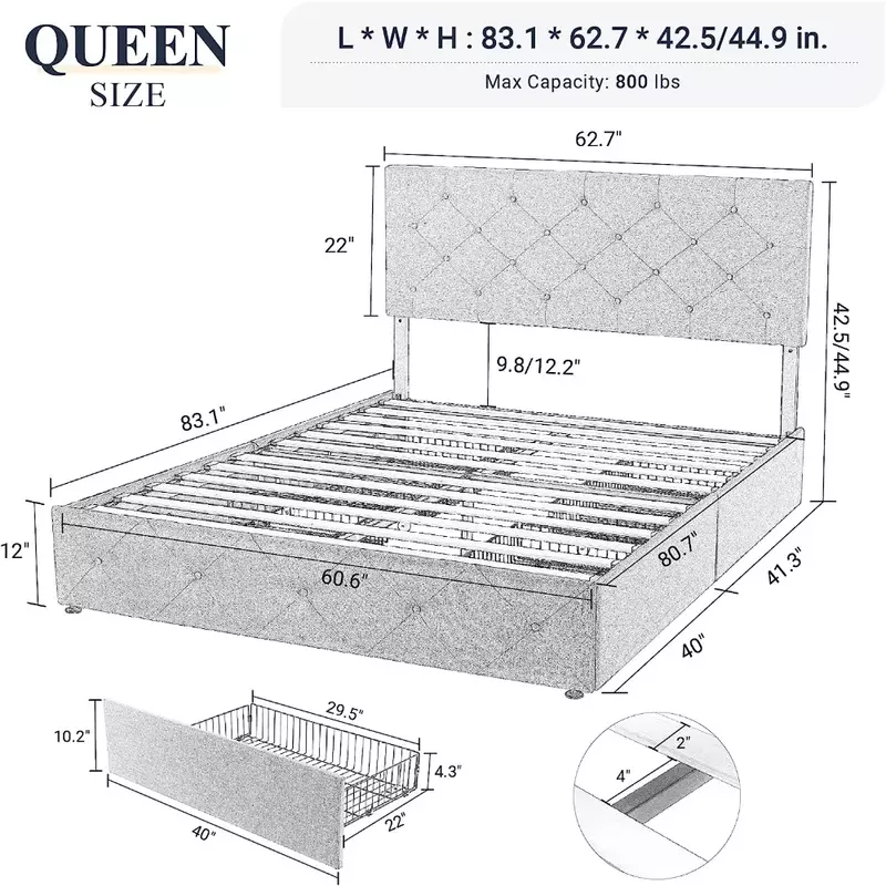 Marco de cama tapizado de tamaño completo, marcos de cama de plataforma con 4 cajones de almacenamiento y cabecero con colchón, marco de cama negro