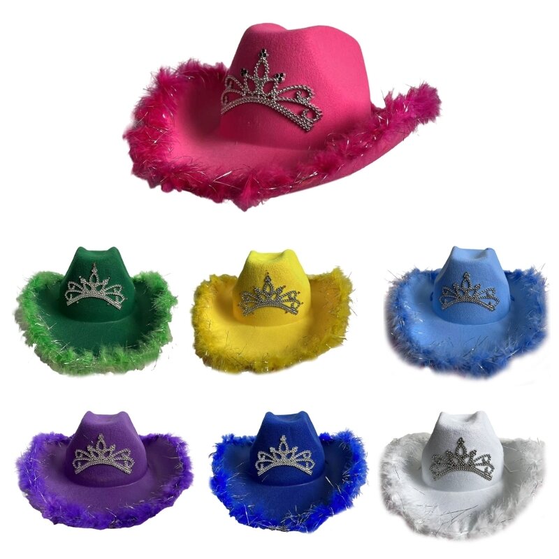 Topi pinggiran lebar antik wanita topi Cowgirl hiasan berbulu topi Fedora alat peraga pesta