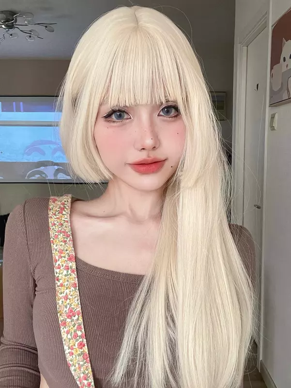 26Inch Blonde Platinum Golden Synthetic Wigs With Bang Long Natural Straight Hair Wig for Women Hime Cut Cosplay Heat Resistant