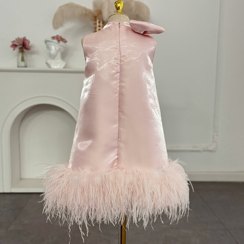 Jill Wish Luxury Mini Arabic Pink Flower Girl Dress Ostrich Feathers Bow Baby Kids Birthday Wedding Party Gown Pageant  J117
