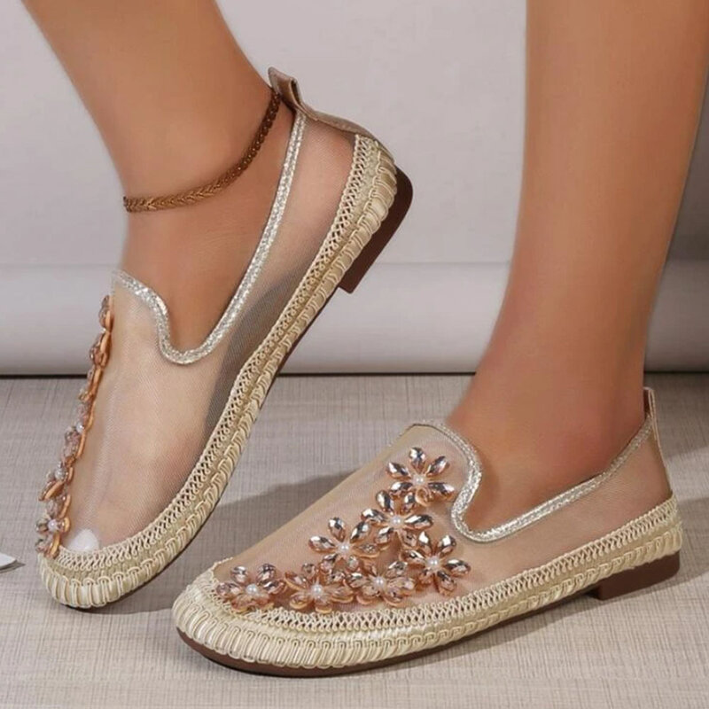 Large-Sized Flats 2024 Summer New Elegant Rhinestone Ladies Slip On Brethable Casual Shoes Home Office Outdoor Comfy Loafers
