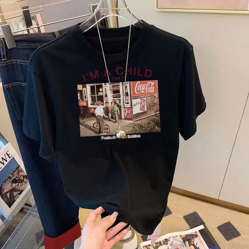 Puro algodão t-shirt de manga curta, estilo casual versátil, carta solta impressão inferior, gola redonda superior, Street Corner Photo