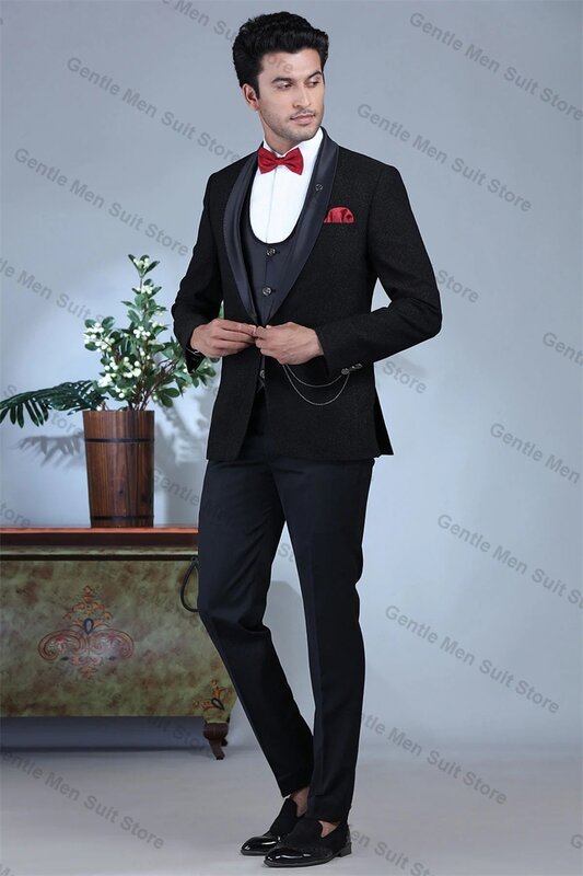 Conjunto de ternos masculinos luxuosos de 2 peças, smoking de casamento do noivo, casaco e calças do noivo, blazer glitter e calças de algodão, jaqueta de tapete vermelho brilhante