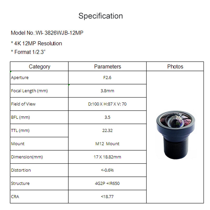 Объектив Witrue HD 12 МП 3,8 мм для видеонаблюдения 1/2, 3 дюйма F2.6 4K HFOV без искажений для Gopro DJI/для камер SJCAM SJ7 с ИК-фильтром 650 нм