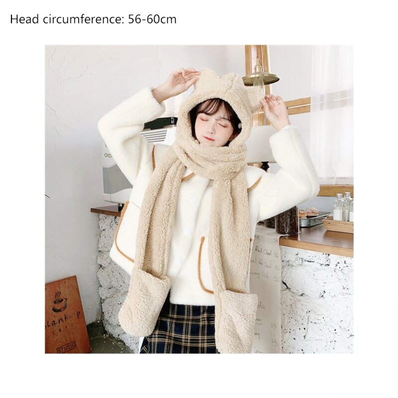 3 in 1 Women Girl Hooded Scarf with Pockets Hat Long Scarf Gloves Plush Warmer