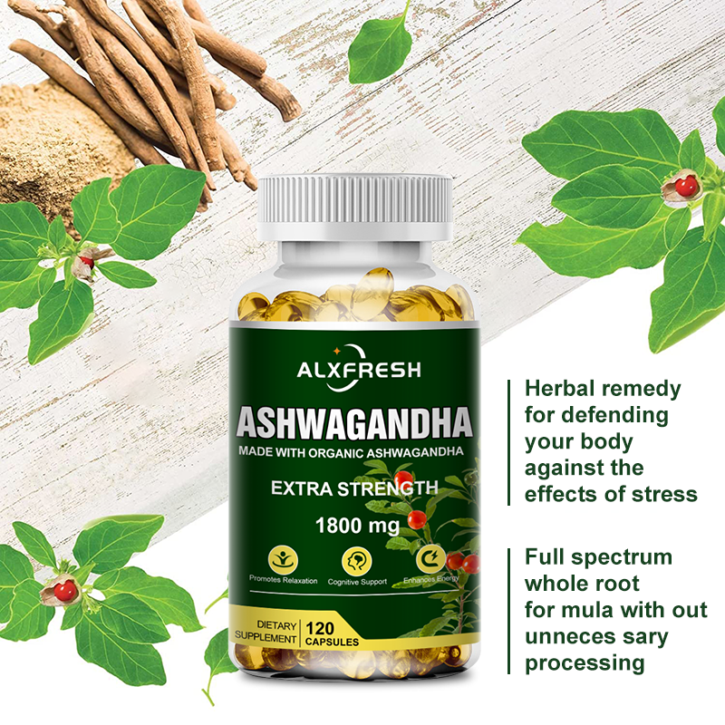 Kapsul ekstrak akar Ashwagandha murni 1800mg untuk suasana hati alami, stres, fokus, otak, energi, dukungan kesehatan tidur