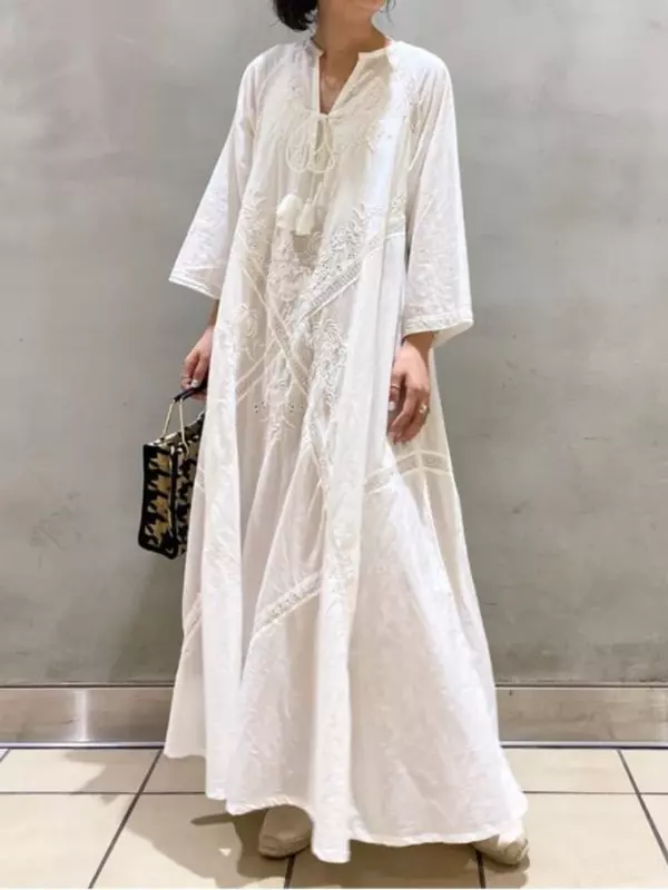 White Casual Long Dress Women Oversize Lace Up Dress Female Loose V Neck Embroidered Dress Ladies Hollow Out Beach Maxi Dress