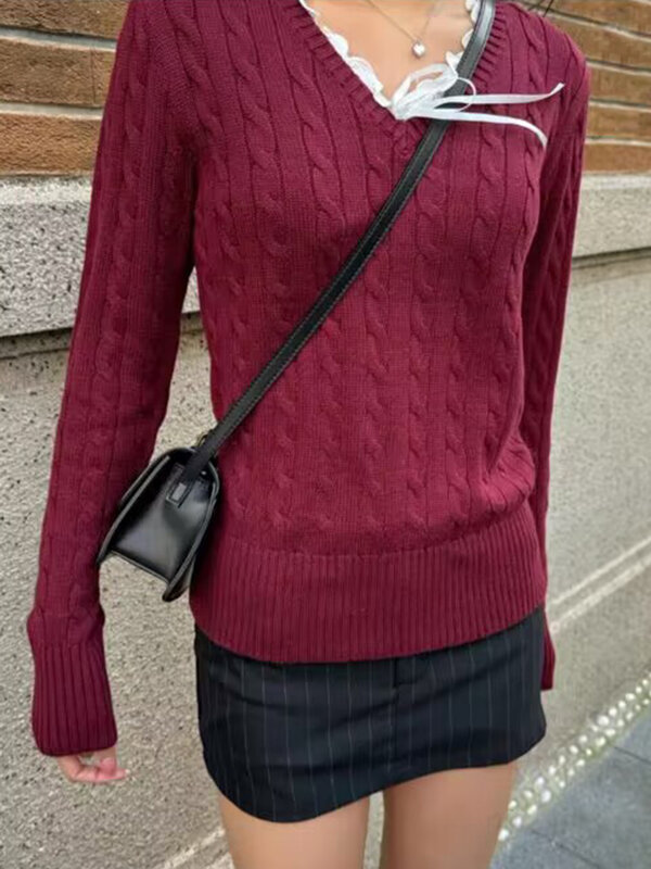 Suéter de punto con flores retorcidas para mujer, Jersey ajustado de manga larga con cuello en V, lindo estilo Preppy, Y2k, Otoño e Invierno