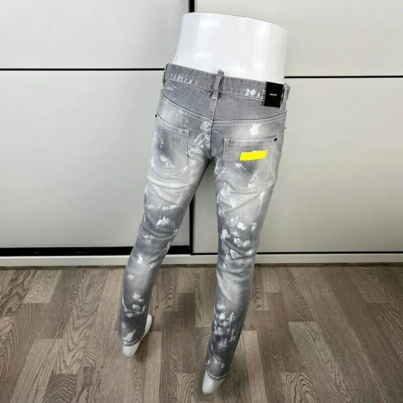 Street Fashion Men Jeans High Quality Retro Gray Elastic Slim Fit Ripped Jeans Men Painted Designer Hip Hop Brand Pants Hombre