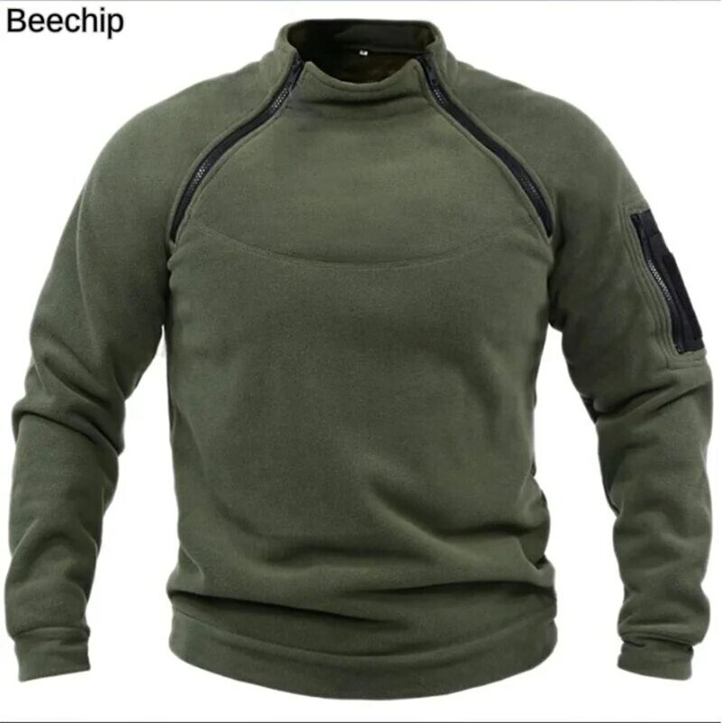 남성용 야외 따뜻하고 통기성 전술, 지퍼 디자인, 스탠딩 넥, 긴팔, 두꺼운 단색 스웨터