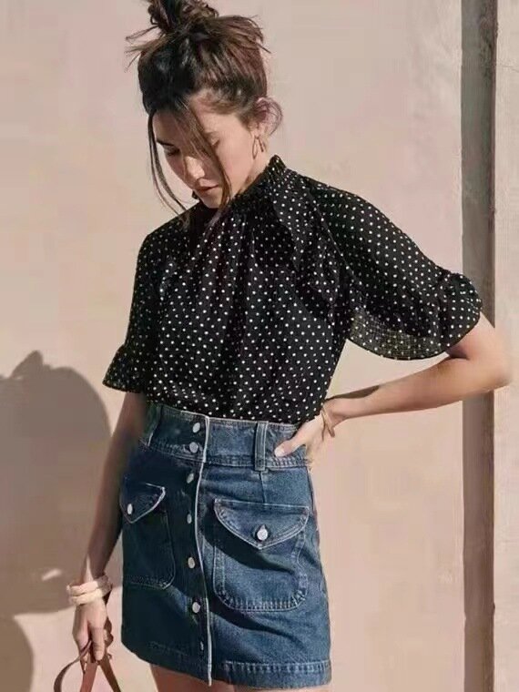 Camisa de manga curta para mulheres, blusa solta com dot impresso e rendas, estilo vintage, nova primavera verão 2021