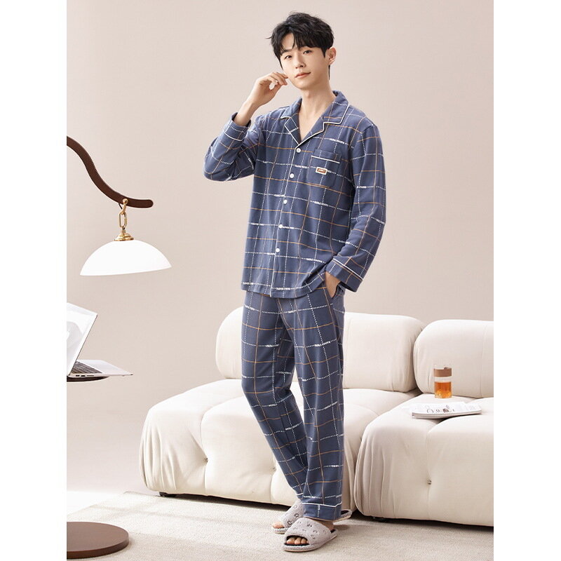 Conjunto de pijama de algodón para hombre, ropa de dormir con estampado de manga larga, cárdigan, ropa de estar por casa, novedad de 2024