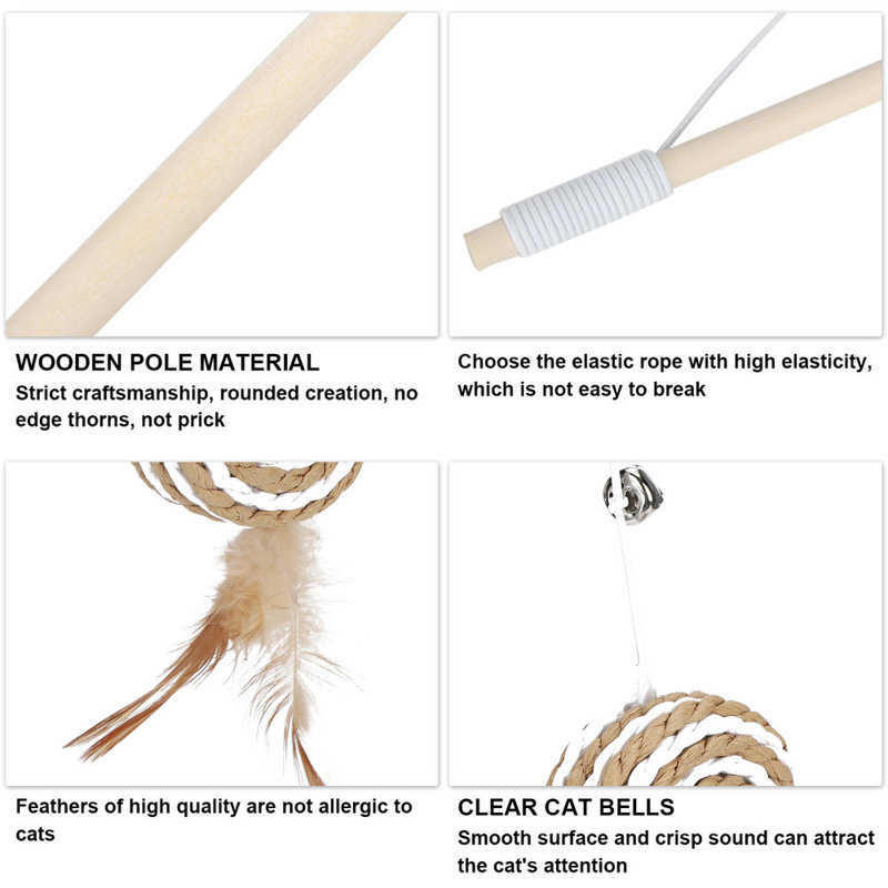 Durable Exercise Cat Toys Cat Funny Stick Wand Pet Teaser Interactive Toys with Round Cake Crisp Bell Feather Cat Supplies