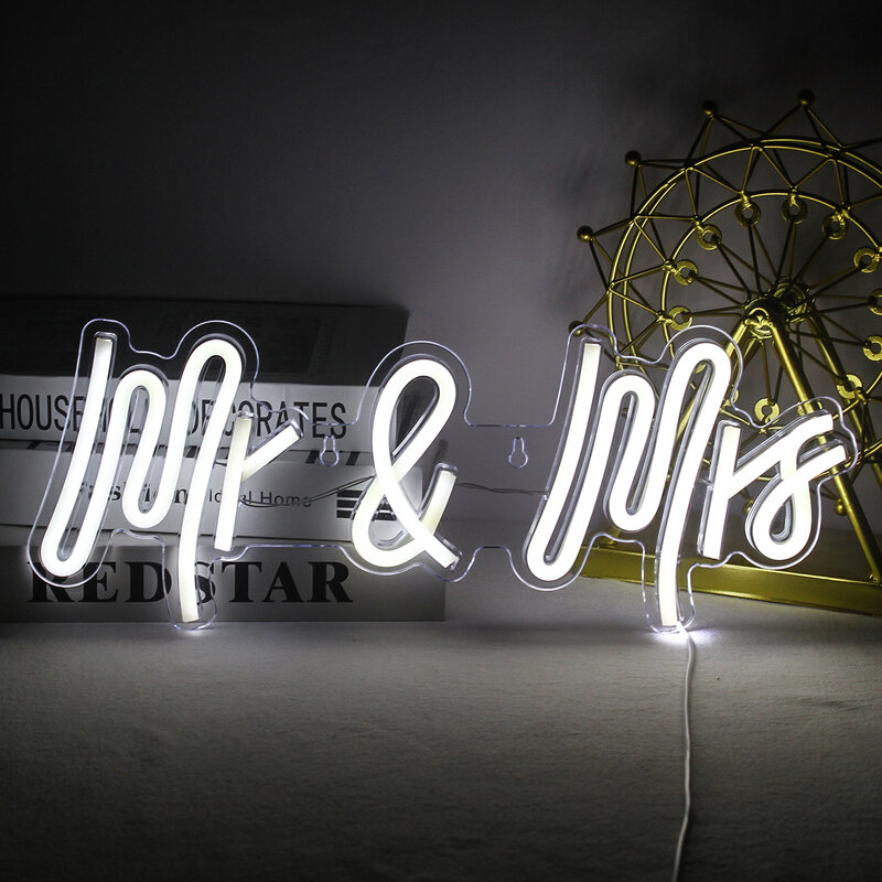 Mr & Mrs Neon Sign LED Quente, Decoração de parede do quarto, USB pendurado luzes acrílicas para casamento, decoração do quarto, lâmpada de arte, logotipo