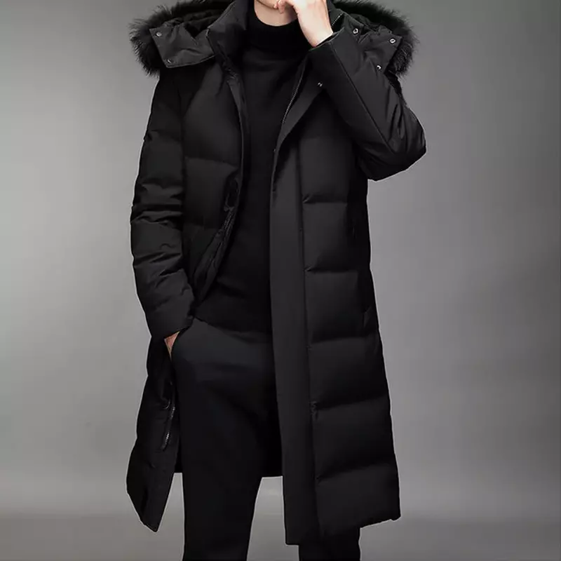 Piumino lungo invernale da uomo alla moda con cappuccio in pelliccia giacca calda e spessa antivento