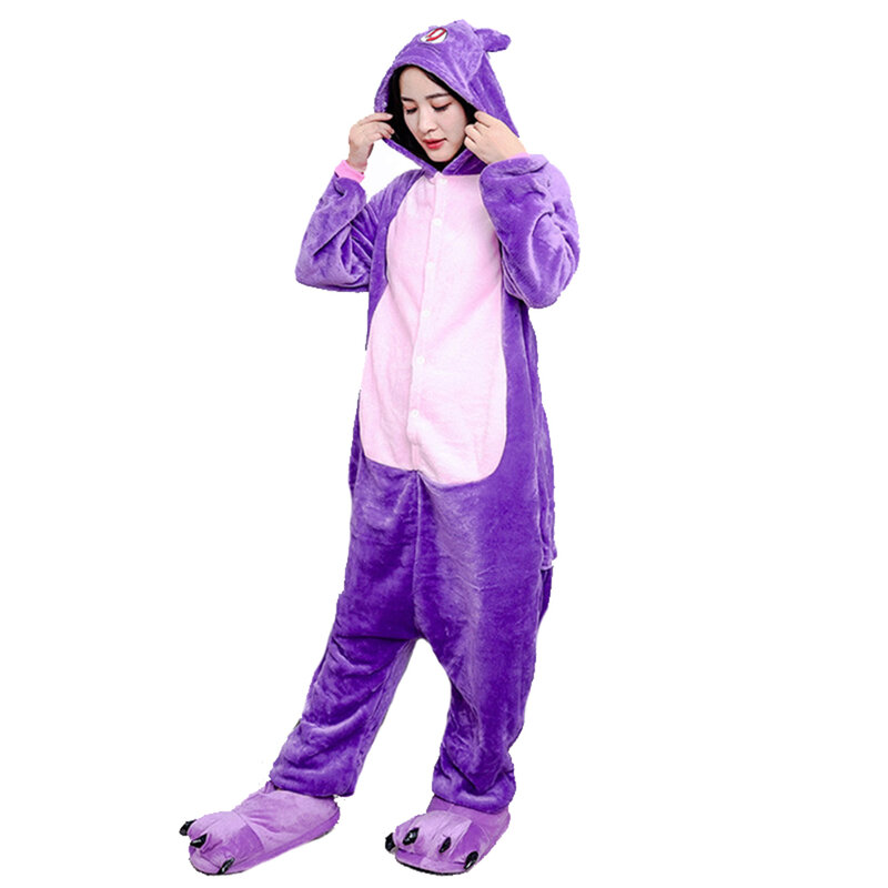 Kigurumi baju tidur anak dewasa, piyama satu potong flanel kucing ungu Unisex untuk anak-anak, kostum Cosplay Natal, baju tidur Jumpsuit