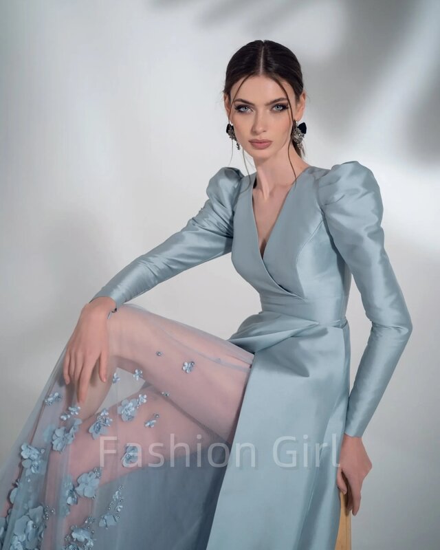 Elegant Blue A Line Satin V-neck Long Sleeve Tulle 3D Floral Decal Sexy Side Slit Prom Party Fashionista Luxury Evening Dress