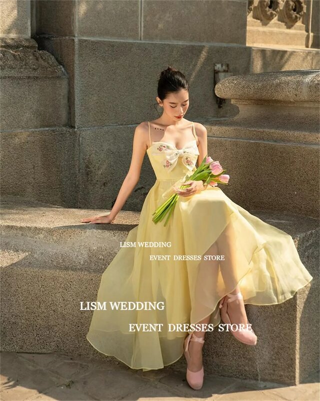 Gaun malam Korea kuning busur leher Sweetheart LISM gaun pesta Prom pemotretan gaun resepsi pernikahan punggung terbuka renda kustom