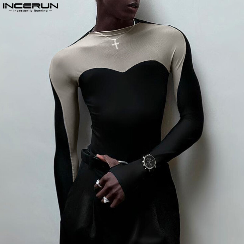 2024 Men Bodysuits Mesh Patchwork O-neck Long Sleeve Male Bodysuit Fitness Transparent Streetwear Fashion Rompers INCERUN S-5XL