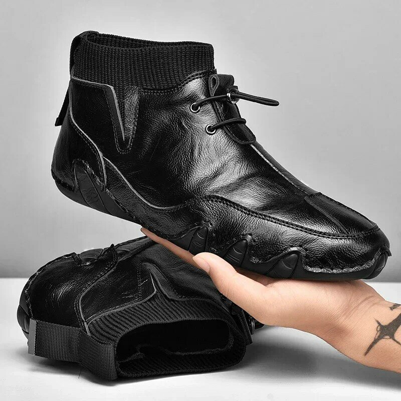 Sepatu kulit asli pria, sneaker Ankle bot ringan luar ruangan bertali putih 2023