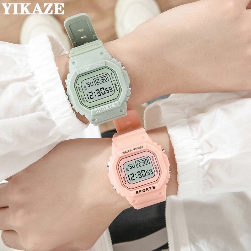 YIKAZE-LED Relógio esportivo para homens e mulheres, relógio de borracha impermeável, relógios digitais, eletrônico, colorido, quadrado, meninos, meninas, estudante