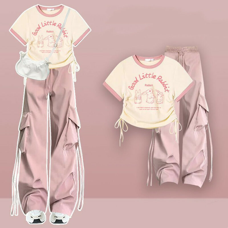 2024 koreański nowy zestaw damski popularna moda wiosenno-letnia koszulka z krótkim rękawem + różowe luźne spodnie z szerokimi nogawkami