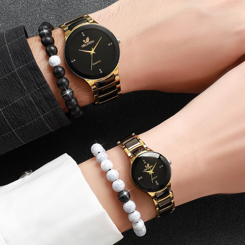 4PCS/Set Fashion Stainless Steel Couple Watch & Beads Bracelet Set